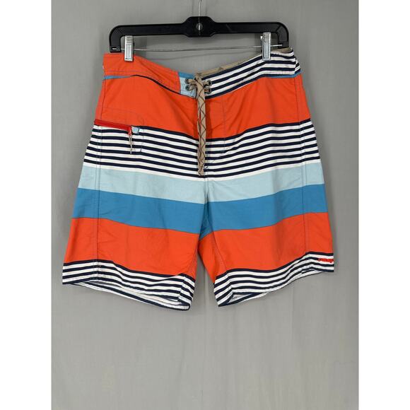 Patagonia Board Shorts Mens 32 Orange Striped Wavefarer Nylon Blue Swim Trunks - Picture 1 of 10